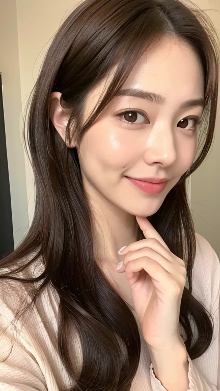 ((highest quality, 8k, masterpiece: 1.3)), 1 female, Japanese Idols,Sensual beauty: 1.3, (Hair style Brown hair Medium wave, big: 1.2), Loose nightwear: 1.1, Super slender face, Delicate eyes, double eyelid, Dimples,Mole, Home,relax,smile,Plump body,