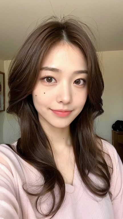 ((highest quality, 8k, masterpiece: 1.3)), 1 female, Japanese Idols,Sensual beauty: 1.3, (Hair style Brown hair Medium wave, big: 1.2), Loose nightwear: 1.1, Super slender face, Delicate eyes, double eyelid, Dimples,Mole, Home,relax,smile,Plump body,