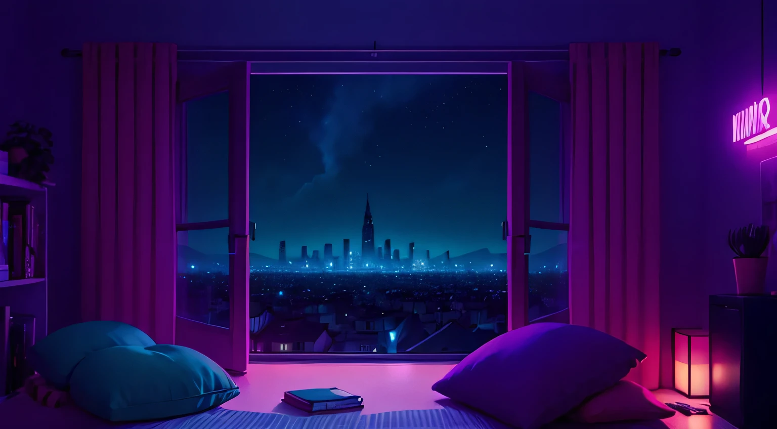 Night city seen from the window. anime, manga, And Lofty. reluctant machine. nice, invite, Comfortable space. Messy Setting Serene Digital Art, Bright apartment. 4K background, wallpaper