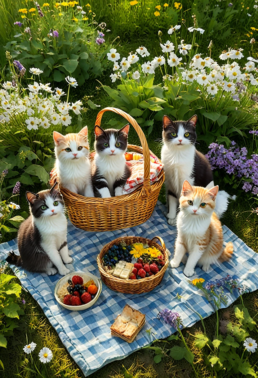 A charming illustration of a group of tiny, fluffy cats having a picnic in a sunlit meadow, surrounded by wildflowers and sharing treats from a miniature picnic basket, (masterpiece, best quality, Professional, perfect composition, very aesthetic, absurdres, ultra-detailed, intricate details:1.3)