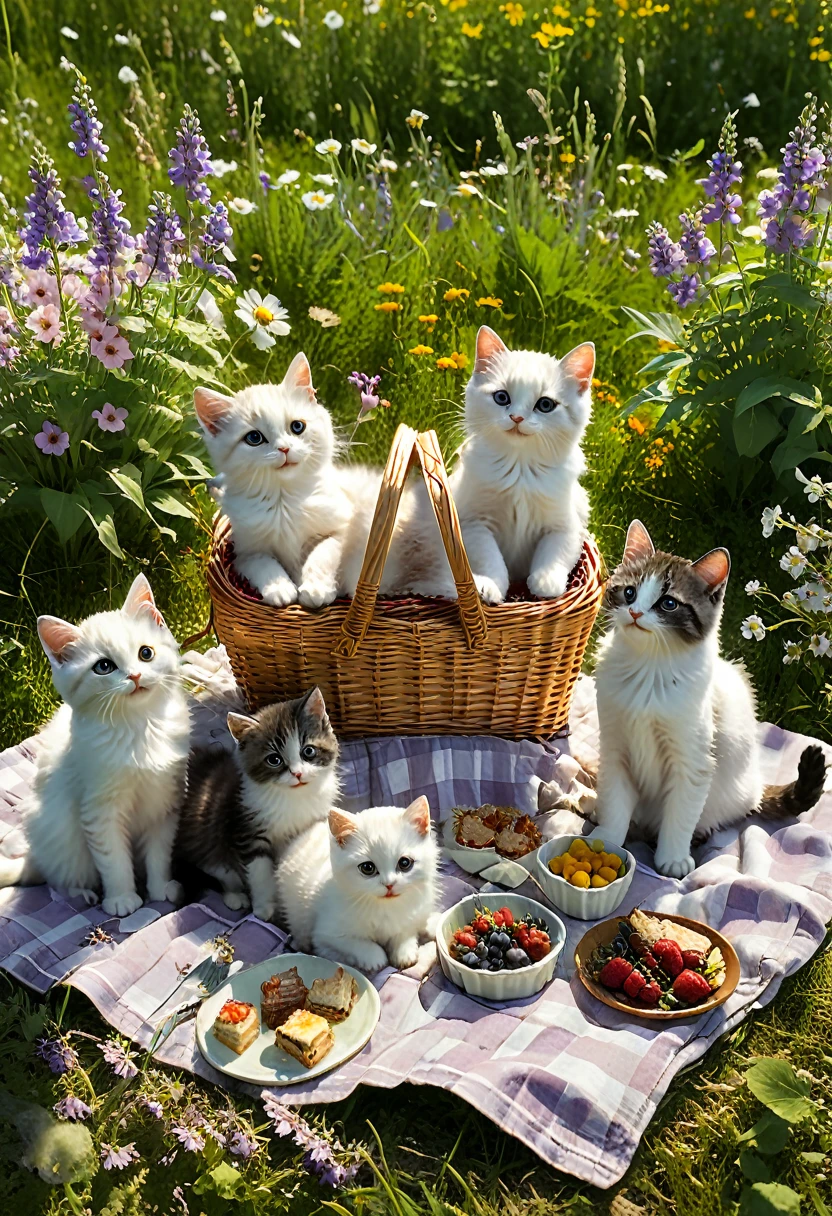 A charming illustration of a group of tiny, fluffy cats having a picnic in a sunlit meadow, surrounded by wildflowers and sharing treats from a miniature picnic basket, (masterpiece, best quality, Professional, perfect composition, very aesthetic, absurdres, ultra-detailed, intricate details:1.3)
