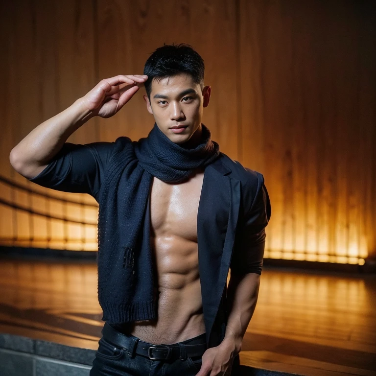 top-quality、masterpiece、超A high resolution、(realisitic:1.4)、Detailed face、solo、1human male、The upper part of the body、Dark hair、glistning skin、dense skin、(asian human)、architectural、(absurderes、hight resolution、ultra-detailliert)、、1 male、Adults、(a 25-year-old man)、a handsome、tall muscular man、broad shoulder、extra very short hair、angular jaws、thick neck、thick eyebrow、extra very short hair、A dark-haired、fine eyes and detailed face、 Highly detailed CG Unity 8K wallpapers、intricate-detail、(Style Swirl Magic:0.7)、looking at the spectator、solo、(full body Esbian:0.6)、Detailed background、A detailed face、dynamicposes、、dynamic compositions、 big muscle、、((((bulge))))、a handsome、 ((masutepiece:1.4, Best Quality)), ((masutepiece, Best Quality)), (photographrealistic:1.4)、(((Sorcerer)))、grin, Surfing,、a smirk、Sunny and cloudy sky、(Complex blue long sleeve enchantment costume), scarf, the costume is too much revealing the tskin and thighs, fantasy Library Background:1.2), Photorealistic、cana、magic circles , bare thighs , sexy , nsfw , wide hips , wide pelvis , micro thong