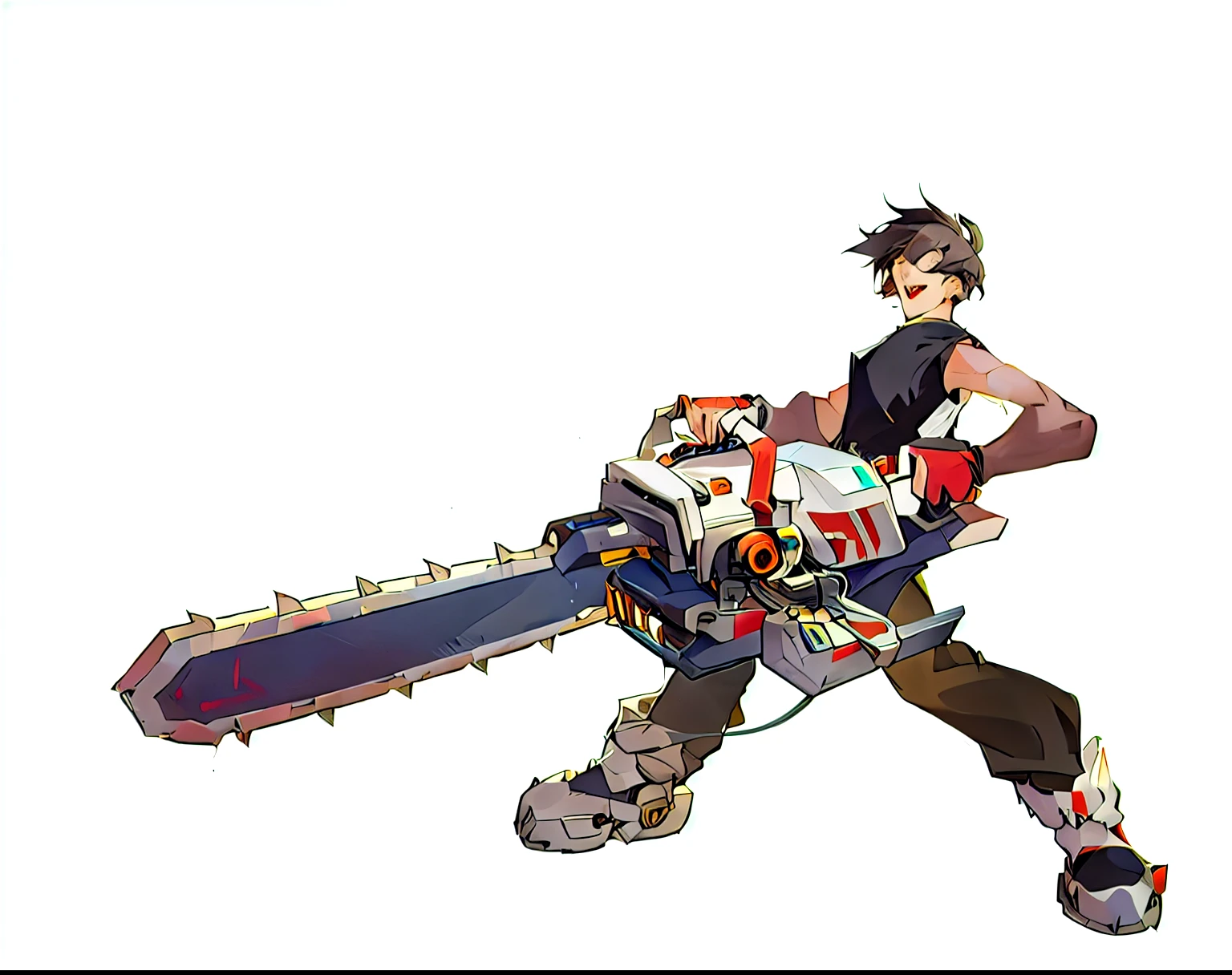 anime character with Electric saw and a sword in his hand, Electric saw sword, Kushat Kents, Electric saw, a boy,Handheld huge chainsaw，Logging，Lean back，Leather construction shoes，Leather gloves on both hands，Black tight vest on upper body， 2D Concept Art, Two-dimensional art, Second Art, Game Art!!, two-dimensional numbers，Logging工，Laughing