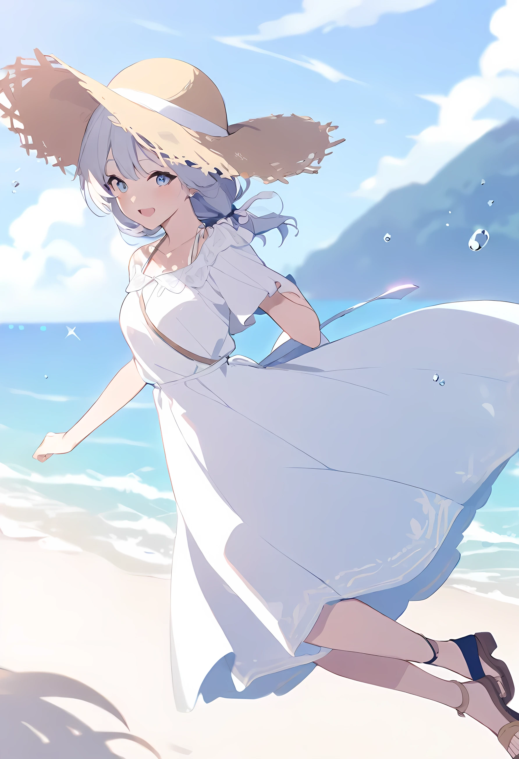 1girl, straw hat, sandals, dress, summer, blue sky, summer