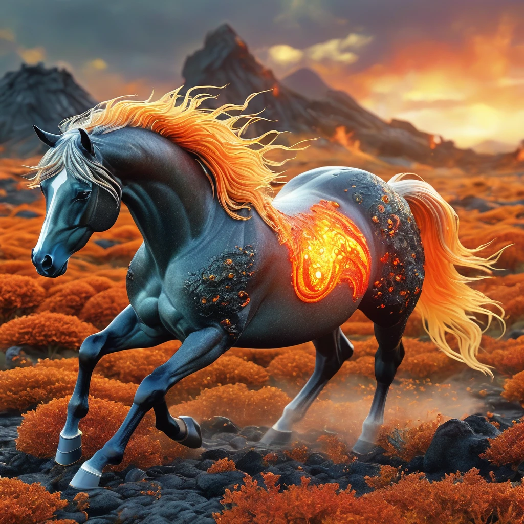best quality, very good, 16K, ridiculous, Extremely detailed, Lovely(((horse:1.3))),Made of translucent boiling lava, Background grassland((A masterpiece full of fantasy elements))), ((best quality)), ((Intricate details))(8k)