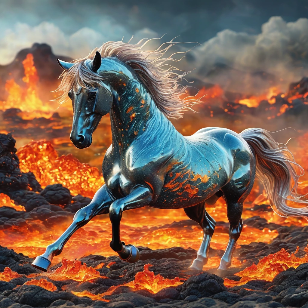 best quality, very good, 16K, ridiculous, Extremely detailed, Lovely(((horse:1.3))),Made of translucent boiling lava, Background grassland((A masterpiece full of fantasy elements))), ((best quality)), ((Intricate details))(8k)