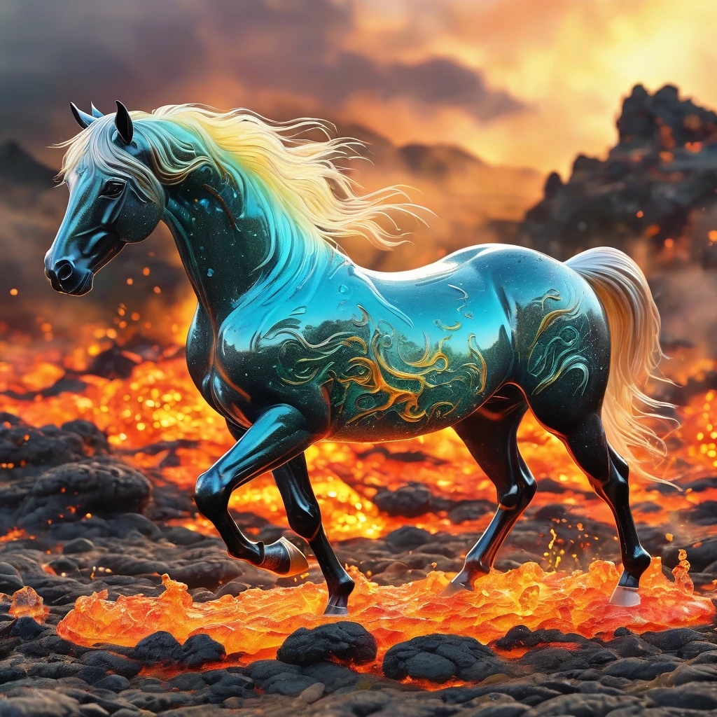 best quality, very good, 16K, ridiculous, Extremely detailed, Lovely(((horse:1.3))),Made of translucent boiling lava, Background grassland((A masterpiece full of fantasy elements))), ((best quality)), ((Intricate details))(8k)