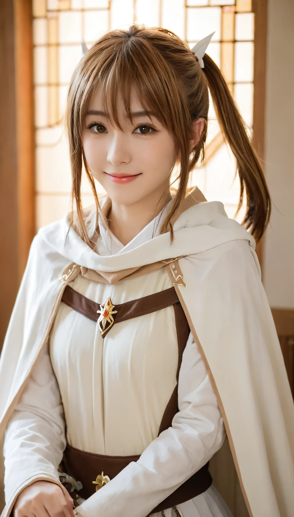 Asuna, Asuna_(Star), (1 Girl,Solitary) ,fantasy, High resolution, No.19, The original, (Wear at waist:1.3), Smile, (White Knight Wizard Cape:1.5), short hair, Medium breasts, looking at the audience, Bangs ,Delicate hazel eyes, Beautiful background, ((morning sun,Western-style private room)), Put your hands on your chest,(brown hair,Short Ponytail:1.5), (Platinum Knight Wizard Fully Armored:1.55),short hair, permanent,straight on, Abeke,(whole body:1.1), White stockings,(Abeke:1.4),