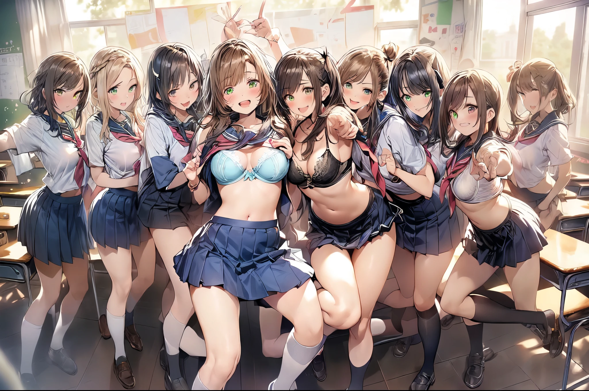 nswf:1.3,(masterpiece: 1.2, highest quality, masterpiece, Clearer images), (Bright colors), ((Take clear photos even from a distance)), (multiple girls), (Harem), (School classmates), (((All school uniforms have the same design))), (((Everyone is wearing the same navy blue skirt))), (()), ((prostitution woman)), (Prostitution Accommodation, on the bed), (cute Japanese((6 girls))), (((infant&#39;face))), ((group shot)), (group selfie), ((ass visible through thighs))、wide angle, soft light, ((((laugh with your mouth wide open)))), (slightly larger breasts), ((prostitution)), (lure), ((viewers love it)), (((A lot of hearts are flying))), Landscape、(((show panty:1.6)))、((((M spread legs:1.4)))、((female masturbation:1.8))、((breast grab:1.3)),(((bra lift:1.2)))、one eye closed、stick out one&#39;s crotch