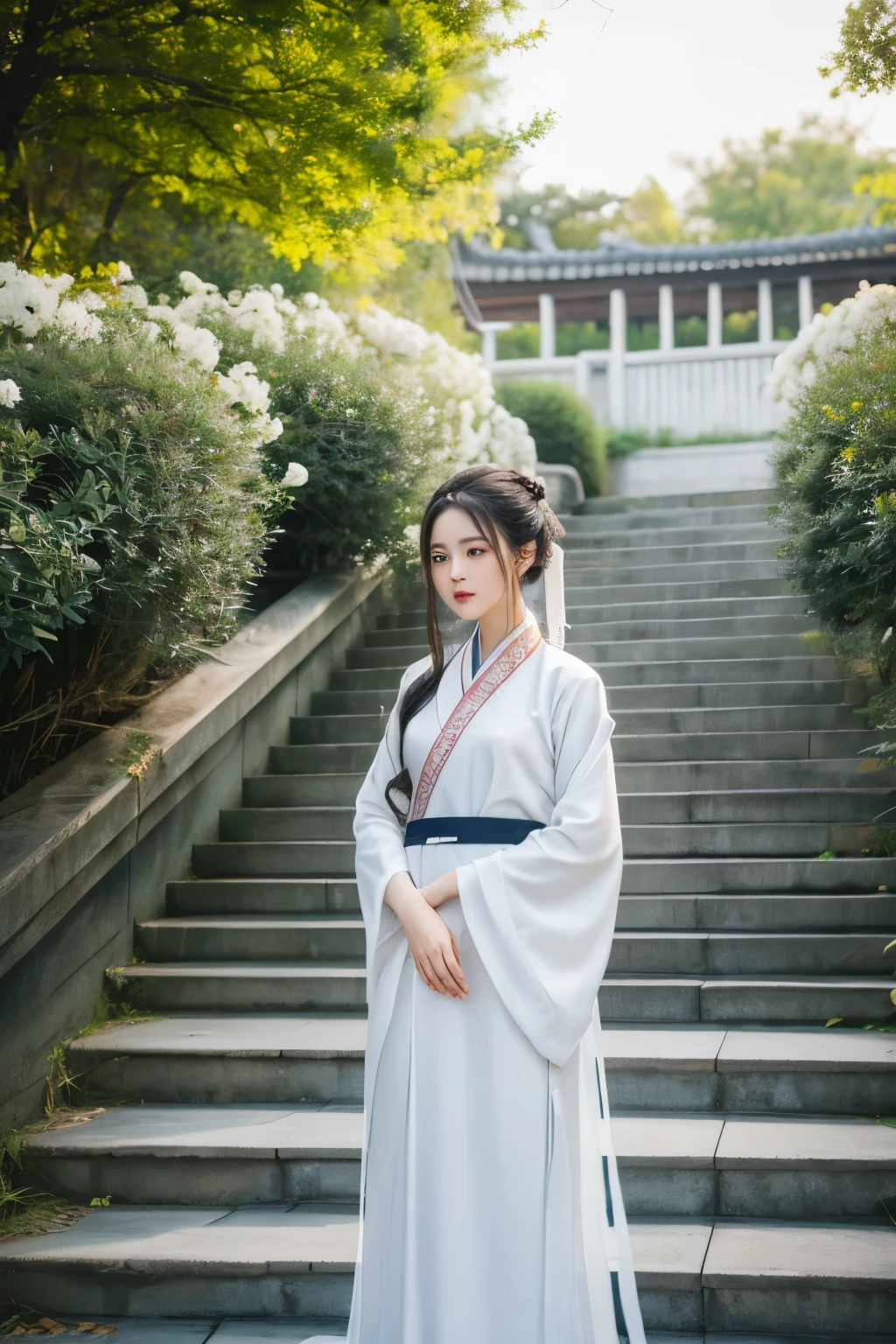 (masterpiece), (best quality), RAW photo, girl, Hanfu, white Hanfu, simple Hanfu, stand, white flowers background, stair, outdoor