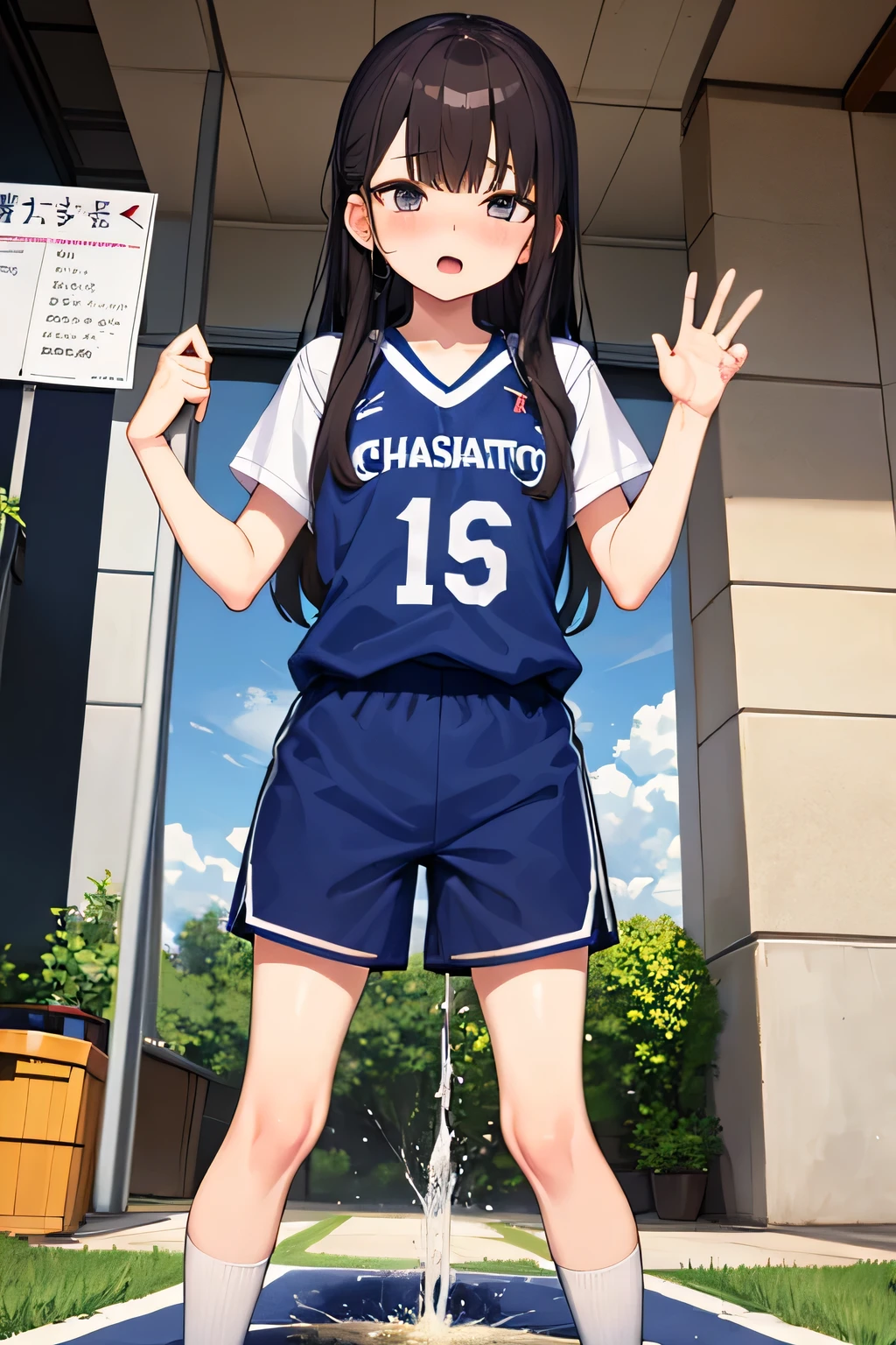 Shimamoto Sakiyu、Tall、Cute eyes、Height: 160cm、Upper  of Japanese elemenair brown、Basketball uniform、Black T-shirt, slightly long navy blue shorts、Active、Pee、Peeing、embarrass、outside、Wild outsideUrinating、incontinence、Urinating、Big incontinence、Big Urinating、Urinary incontinence、Urinating