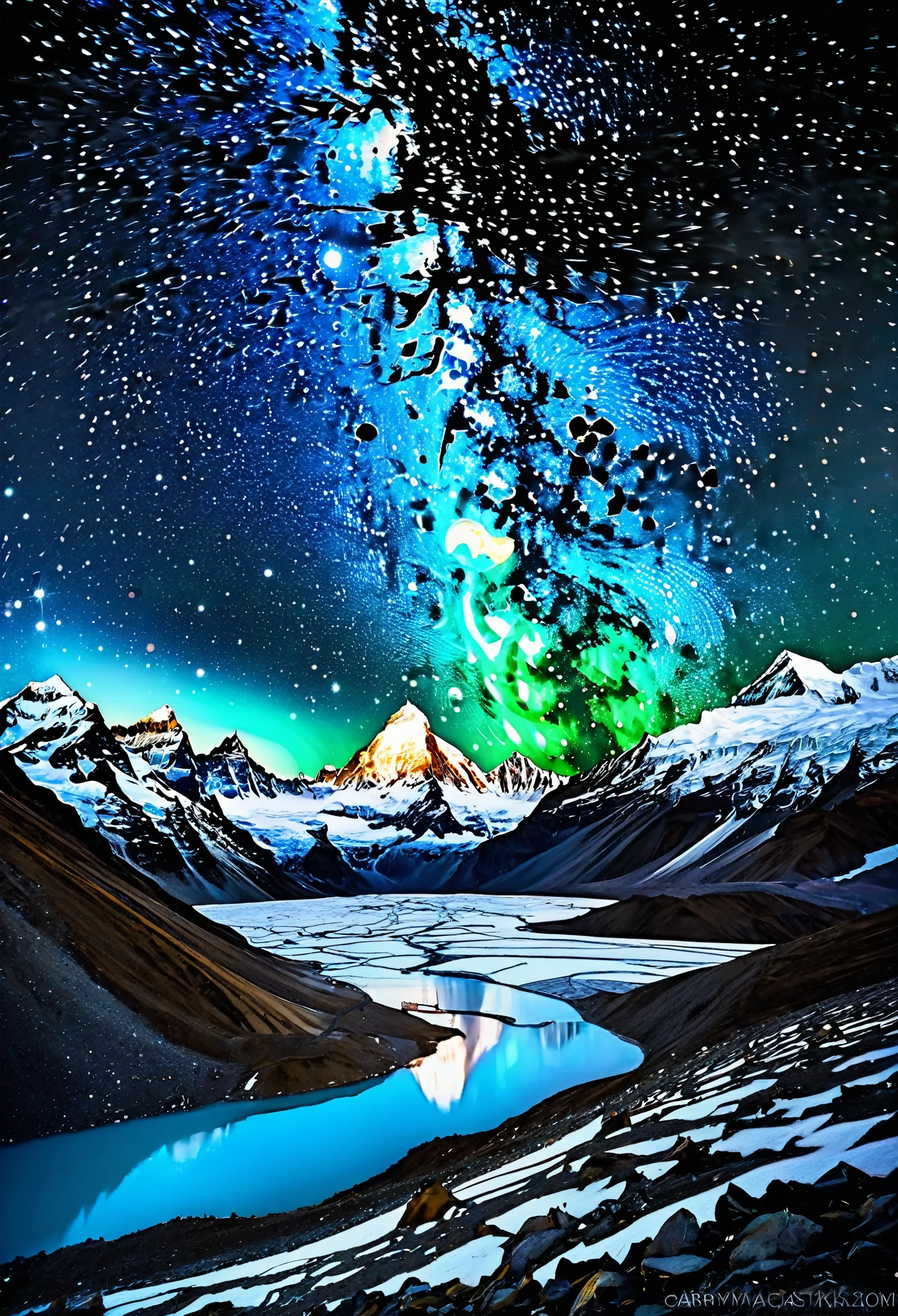 Piezas maestras、Calidad superior、Calidad de imagen superior、La calidad 8k、Beautiful images of the starry sky.、magnifica、Arched Milky Way:1.9、Himalayas、Blue glacier:1.9