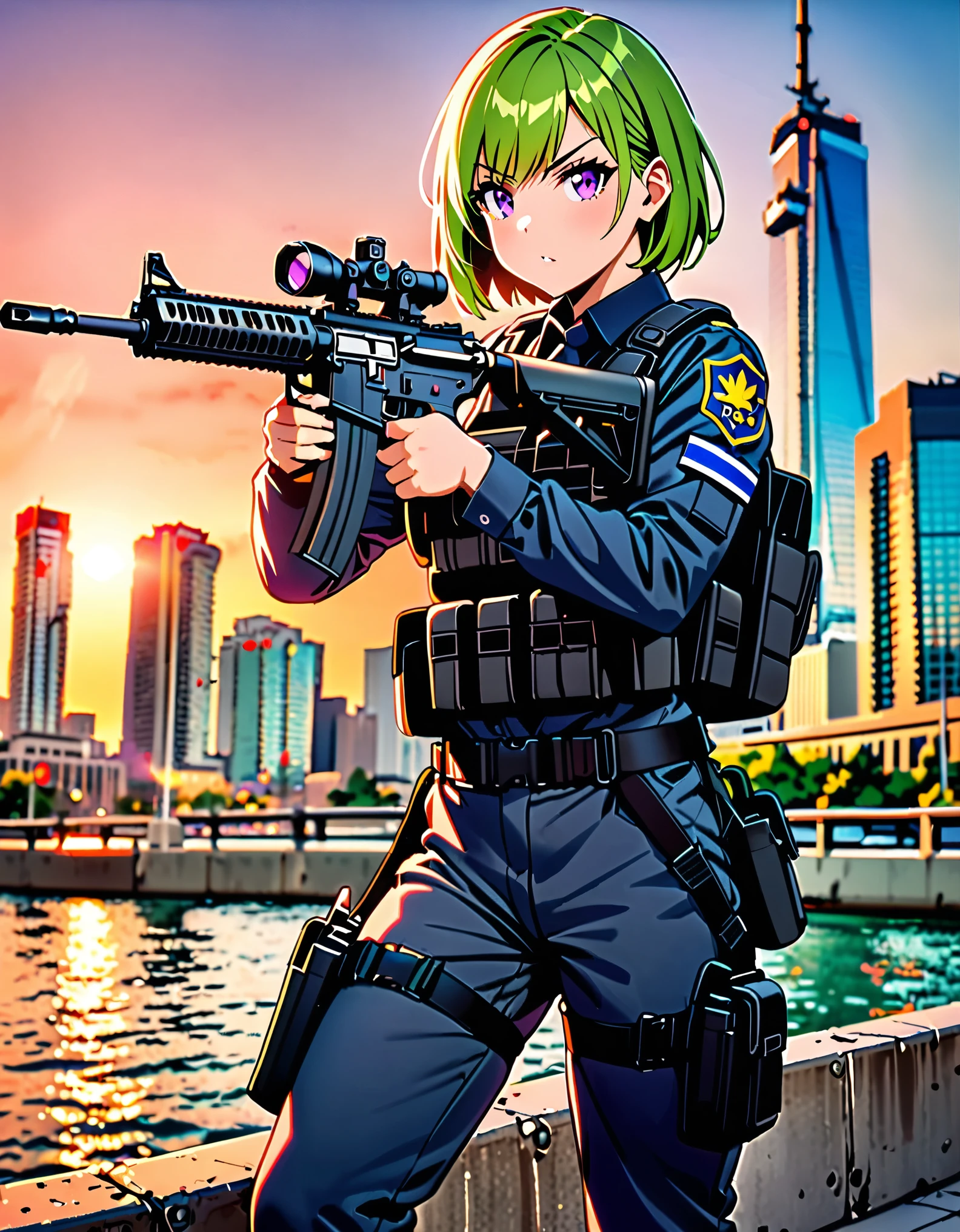 ((masterpiece, best quality)), 1girl, solo focus, canadian police officer, SWAT uniform, SWAT gear, pants, green hair, short hair, purple eyes, using weapon, using rifle, using m4 carbine, in front of a patrol cruiser, toronto city backdrop, cowboy shot, sunset, pixel-perfect, detail-perfect, curious look on her face, ultra highres, absurdres, beautiful face, detailed eyes, symmetric eyes, perfect body, good proportions