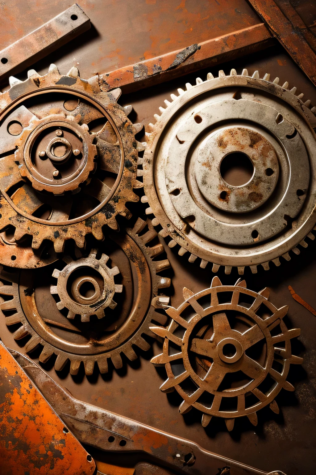 a lot of rusty gear objects on a rusty metal plate