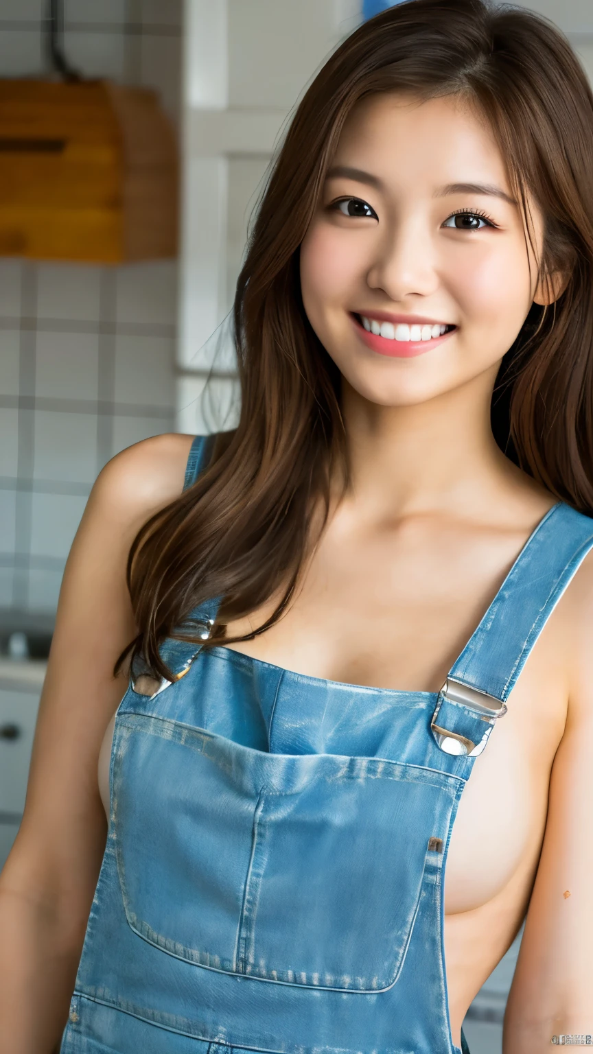 One girl,Long Hair,smile, ((Overalls)),(kitchen) 、RAW Photos, (photoRealistic:1.37, Realistic), Highly detailed CG integrated 8K wallpaper, View your viewers, (((Straight from the front))), (high qualityスキン:1.8, Shiny skin), 8K Ultra HD, Digital SLR, Soft lighting, high quality, Film Grain, Fujifilm XT3, ((Upper Body:1.6)), (Professional Lighting:1.6)、Large Breasts、(No clothes:1.5、I&#39;m not wearing anything)、(I want to see up to my knees:1.5)、whole body、Huge breasts