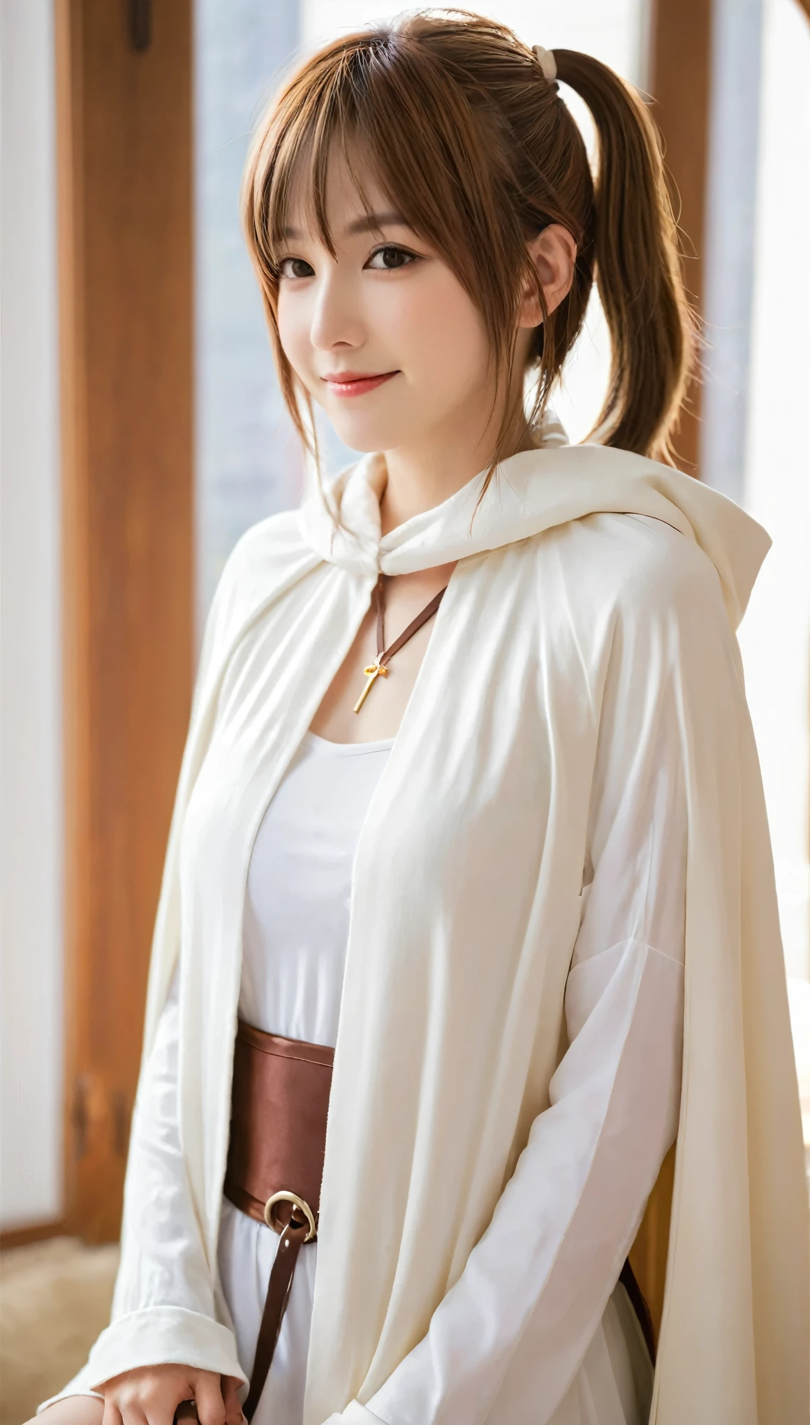 Asuna, Asuna_(Star), (1 Girl,Solitary) ,fantasy, High resolution, No.19, The original, (Wear at waist:1.3), Smile, (White Knight Wizard Cape:1.5), short hair, Medium breasts, looking at the audience, Bangs ,Delicate hazel eyes, Beautiful background, ((morning sun,Western-style private room)), Put your hands on your chest,(brown hair,Short Ponytail:1.5), (Platinum Knight Wizard Fully Armored:1.55),short hair, permanent,straight on, Abeke,(whole body:1.1), White stockings,(Abeke:1.4),