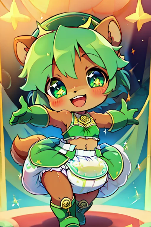 boy, squirrel, furry, bodyfur, green bra, bottomless, green gloves, green boots, chibi, smile, sparkling eyes, penis, testicles, idol, dancing, singing