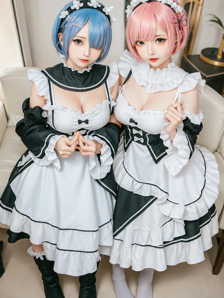 (8K, Photorealistic, Raw photo, of the highest quality: 1.3), (1girl in), Super beautiful, (Realistic face), (boyish, light blue Color Berry Shorthair),(8K, Photorealistic, Raw photo, of the highest quality: 1.3), (1girl in), Super beautiful, (Realistic face), (boyish, pink Color Berry Shorthair), Beautiful , Glare that captivates the viewer, Beautiful expression, Beautiful breasts, (Realistic skin), Be...Create a detailed and colorful image of Ram and Rem from Re:Zero, standing back-to-back in their maid outfits, with a magical fantasy background、14years old, two girls,cute, perfect face, beautiful, nice body, gothic ta clothes, gothic loliashion, frilly skirt, headdress, necklace, bracelet, knee-high socks, boots, double eyelids, tear bags, Detailed down to the fingers, photo-like description, indoors, dim indoor lighting, one girl is pink hair and short bob, another girl is light blue hair and short bob,standing, whole body, composition that shows the whole body, smiling,The Both of them are wearing the same type of maid outfit