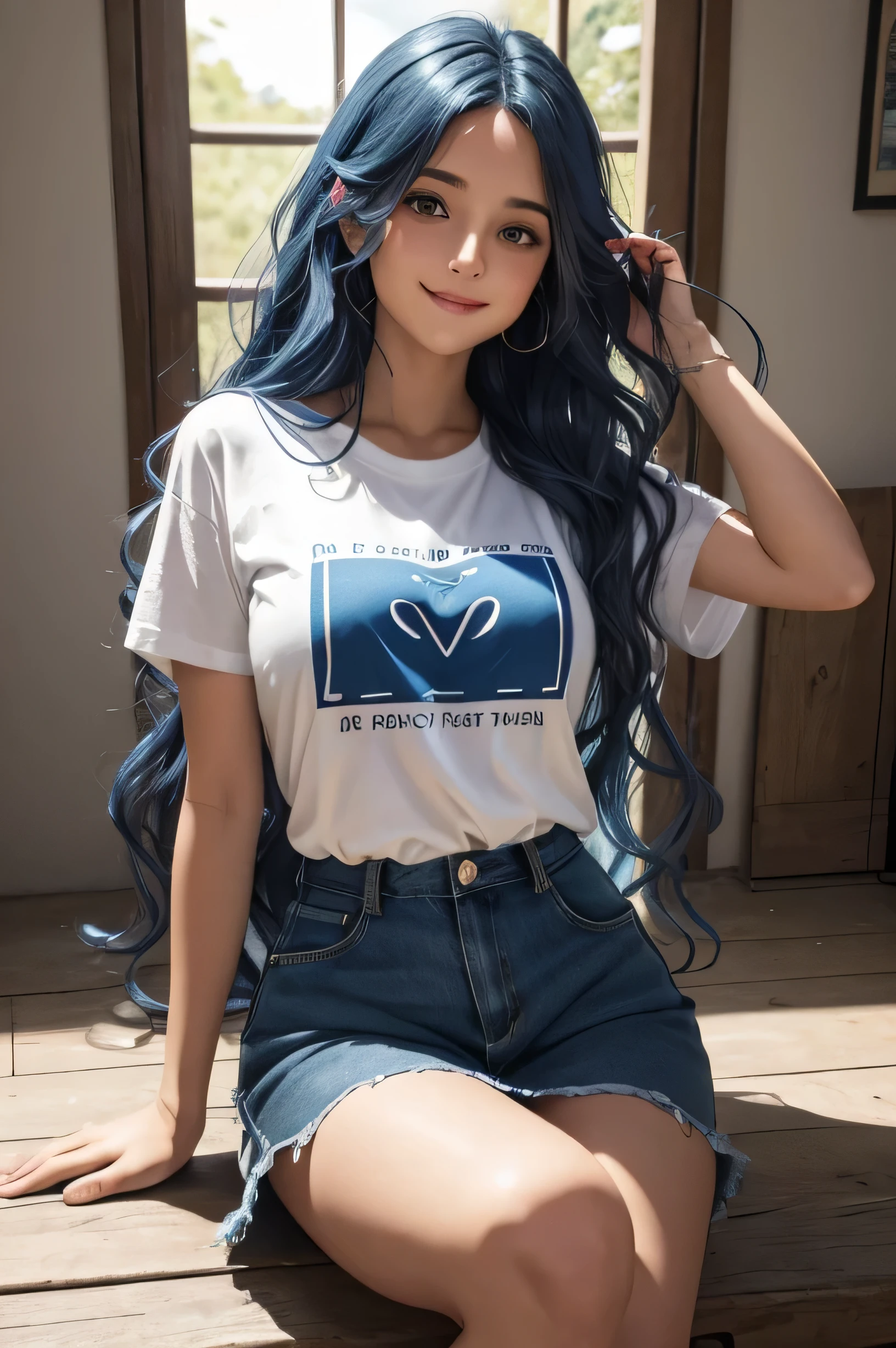 une jeune femme dans la vingtaine, with long wavy blue hair of a soft brown framing a delicate face. Ses grands yeux bleu. Her warm smile lights up her face and transmits positive energy. Nous voyons tout son corps. Elle a un short et un large teeshirt noir. elle est assise et on voit tout son corps