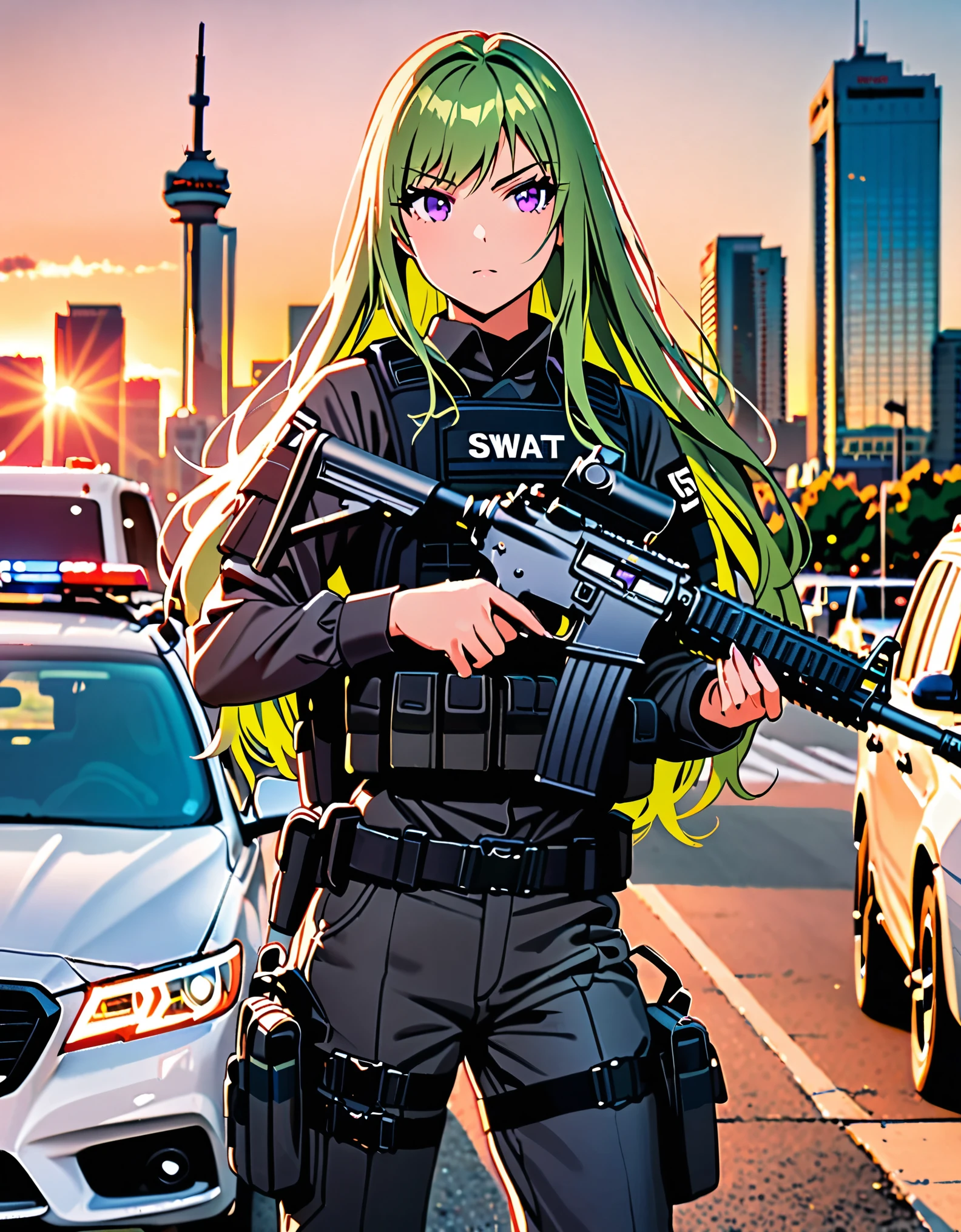 ((masterpiece, best quality)), 1girl, solo focus, canadian police officer, SWAT uniform, SWAT gear, pants, green hair, long hair, purple eyes, (holding weapon, assault rifle, m4 carbine), in front of a patrol car, toronto city backdrop, cowboy shot, sunset, pixel-perfect, detail-perfect, curious look on her face, ultra highres, absurdres, beautiful face, detailed eyes, symmetric eyes, perfect body, good proportions
