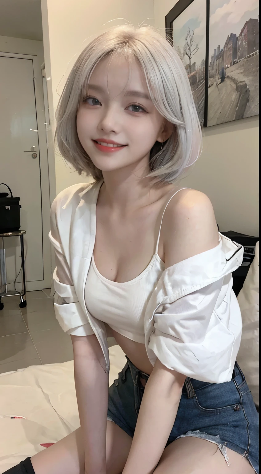 Best image quality、RAW Photos、超A high resolution、21 years old Korean、Small breasts、Dynamic Angle、Cowboy Shot、Chaos in its most beautiful form、elegant、Brutalist Design、Vibrant colors、Beautiful white hair、Short Bob、smile、fun、smile、Glowing White Skin、Beautiful eyes with random colors、Very thin lips、Beautiful eyes in every detail、length, Narrow eyes、Cheeks are pale pink、length eyelashes、Beautiful double eyelids、eye shadow、Bright white hair、Black cropped top、A thin see-through jacket、hot pants、Sandy Beach、squat