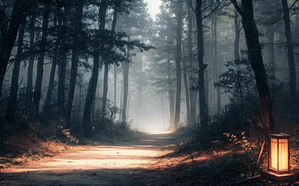(masterpiece), best quality, anime background, ((dark lighting)), ((night time)), forest, deserted