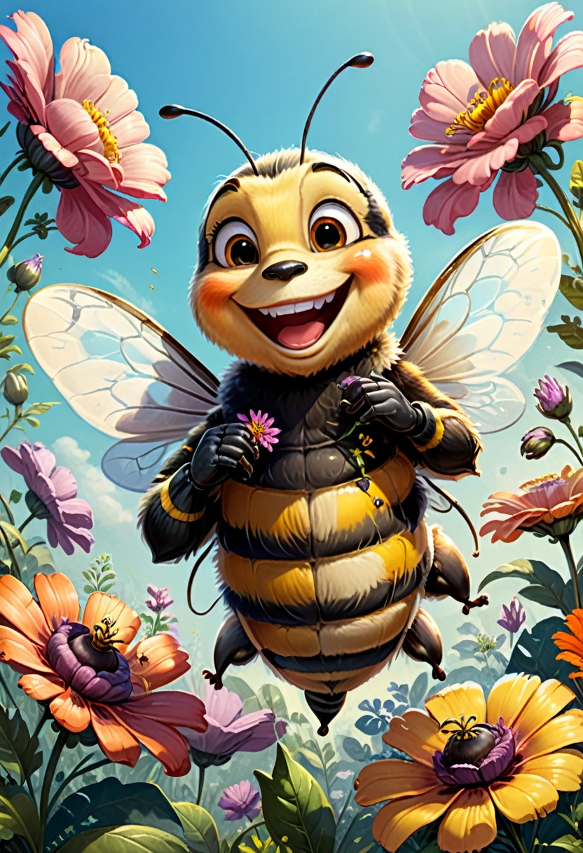 A cheerful drawing of a plump, happy bee buzzing around a garden full of oversized, vibrant flowers, collecting nectar with a big smile on its face, (masterpiece, best quality, Professional, perfect composition, very aesthetic, absurdres, ultra-detailed, intricate details:1.3)