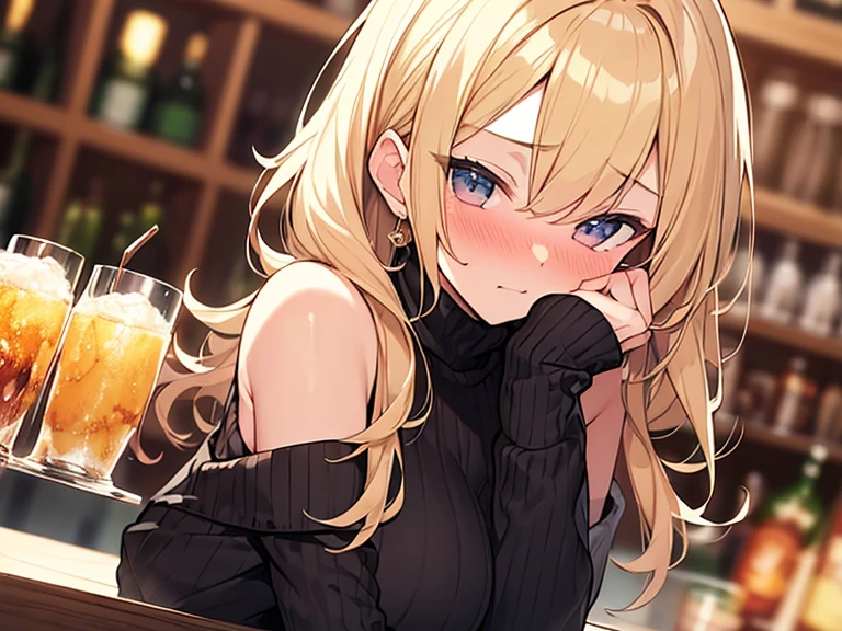 Masterpiece, Top quality, (1 beautiful girl :1.2), Blonde, medium hair, wave hair, 24 year old, medium breasts, standard weight, off shoulder sweater, (squinting:1.2), nose blush, drunk, hands up, elbows on table, face palm, beautiful scene of bar, blurry background, magnificent panorama view, glass with alcohol, close up, from front