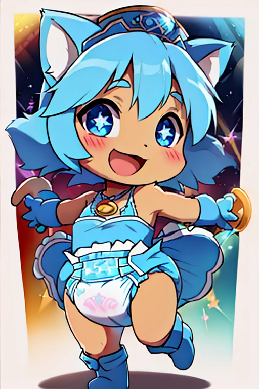 boy, cat, furry, bodyfur, tail, blue bow, blue collar, blue bra, bottomless, blue gloves, blue boots, chibi, penis, testicles, sparkling eyes, idol, dancing, singing