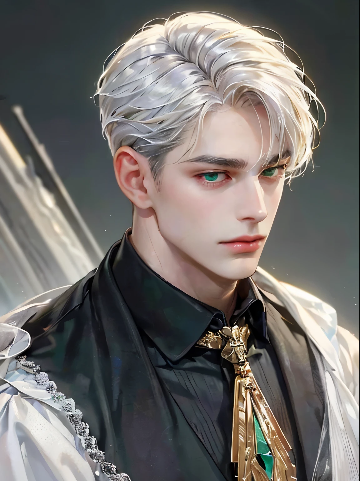 masterpiece close-up shot of a man, he has short white Quiff hair with Soft Fringe (bangs part on side 3:7 ratio), (green eyes), no smile, sharp eyes, stern face, aristocratic appearance, in the police station background, taller man, 26years old, wearing black shirt , HD quality, white hair color,