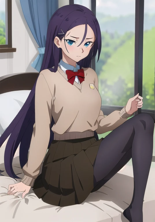(((masterpiece))), (((highest quality))), Super detailed, ((sexy)), Spread your legs, Sitting, blush,window,curtain, thigh, [[Wet]], cute, 
On the bed, long hair,
前hair,blue eyes, Green Eyes,Red bow tie, (Black Pantyhose), Pleats_skirt, Brown_skirt, hair_ornament,  hairclip, Mid-chest,  
 