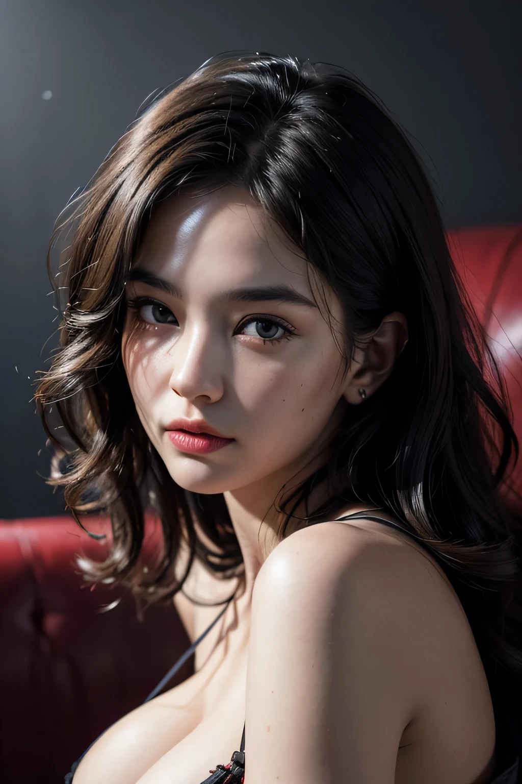 bloom, lens reflection, (8k, RAW, professional, best quality, masterpiece: 1.2), (realistic, photorealistic: 1.37), ultra-detailed, (wide-angle 25mm portrait), (most detailed skin: 1.2), very detailed face, cinematic lighting, 1girl, curly black hair, (windy), standing on the couch, dark light, looking at the camera, large breasts, black and red blouse  