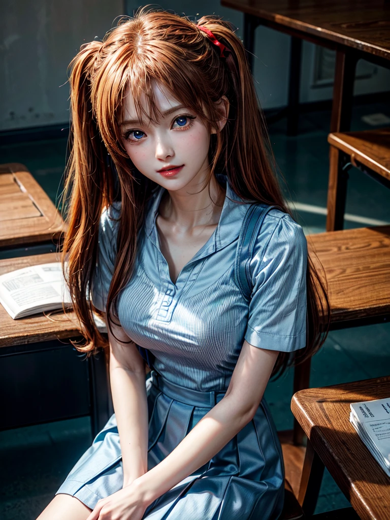 （8k, highest quality, Pieces fly:1.2)、Ultra-high resolution、anime,1 very pretty girl,Asuka Langley,Highly detailed face, Fine grain,blue eyes,,White sailor collar plain short sleeve shirt,Light blue skirt,Light Blue Suspenders,uniform_Red ribbon,Orange Hair,Long Hair、Detailed hand and fingers,put your hands in your hair,Grin、sitting on desk,Shooting from above,classroom