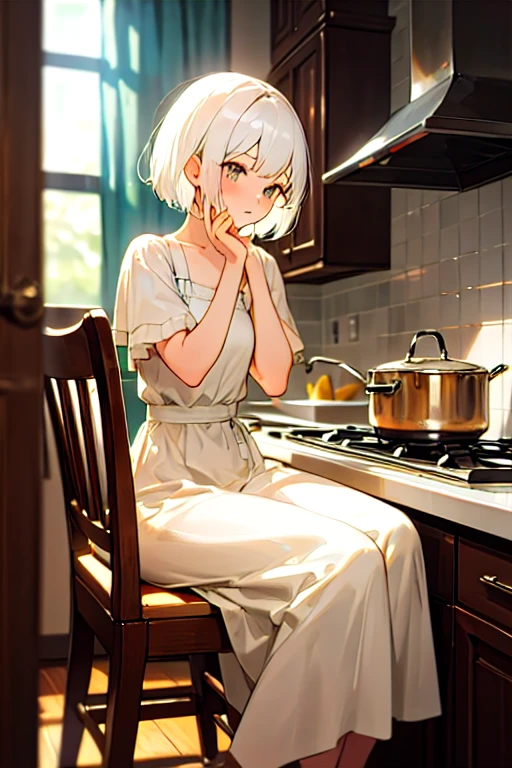 (masterpiece, best quality), 1girl with short white hair sitting on a chair, kitchen, her hand under her chin, warm lighting, white dress, blurry foreground
