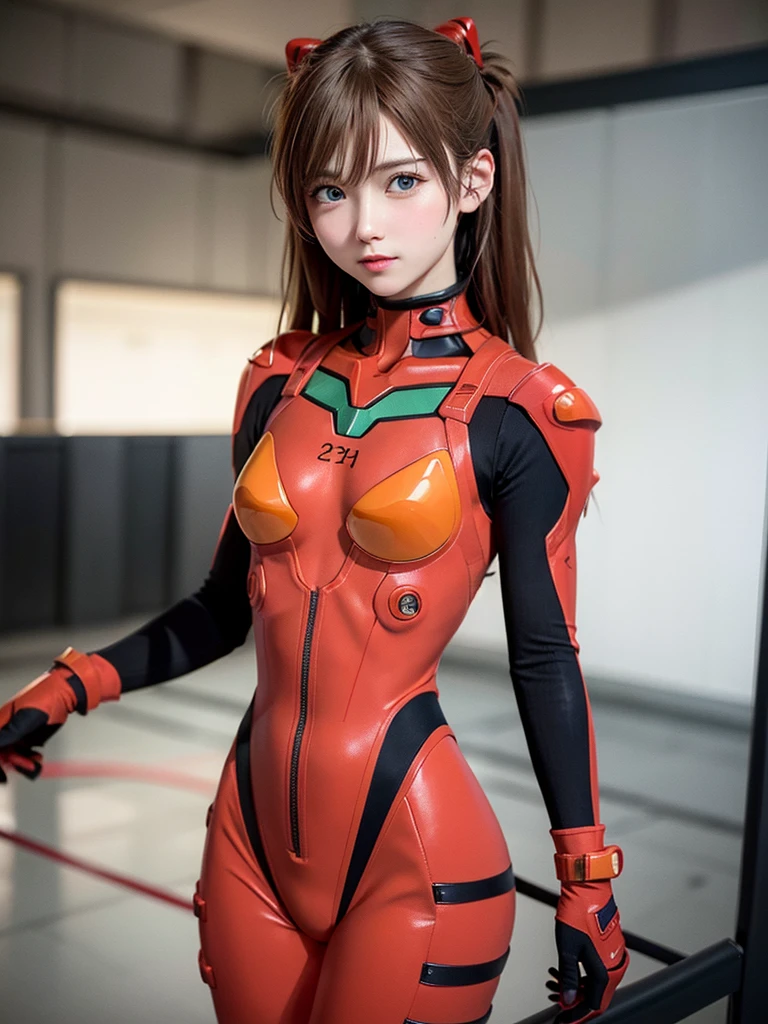 ((Best quality)), ((Masterpiece)), (Details: 1.4), 3D, Asuka Langley Soryu, Asuka, high resolution (high dynamic range), ray tracing, NVIDIA, super resolution, Unreal 5, subsurface scattering ,PBR texturing, post-processing, anisotropic filtering, depth of field, maximum sharpness and sharpness, multi-layered textures, albedo and specular maps, surface shading, accurate simulation of light and matter interaction, perfect proportions ,Octane Rendering,Two-Tone Lighting,Wide Aperture,Low ISO,White Balance,Rule of Thirds,8K RAW,(Masterpiece: 1.4, Best Quality), (Intricate Details), Unity8k Wallpaper, Highly Detailed, Beautiful and Mysterious, Details background, realistic, alone, perfectly detailed face, detailed blue eyes, highly detailed, blush, hair ornament, chignon mahogany hair, (blonde), plug suit 02, Shikinami Asuka Langley, Evangelion, Slender 15-year-old girl, full body suit, black background, above the waist,composition that shows the whole body,