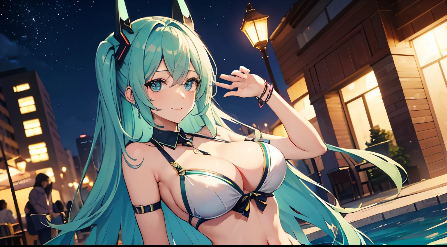 Drive a Lamborghini、Hatsune Miku in a bikini、Large Breasts、Night view、smile