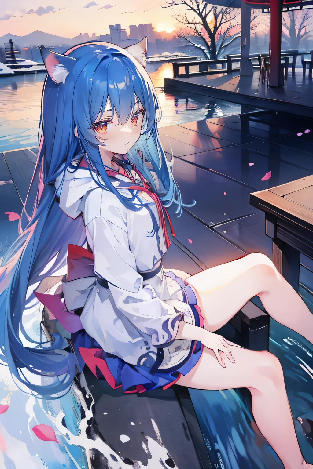 (masterpiece:1.2),Super detailed,lifelike,Expressive eyes,fair skin,perfect face shape,1 girl,
Japanese comics,Gorgeous blue hair,flowing blue hair,flowing clothes,Cat ears,Petals fall,beautiful lola,Baby Angel,sunrise,
Cross your legs,Gentle and peaceful background,The pavilion is cool and comfortable,smile, wearing hoodie, background of tokyo,back views,snowing, winter.