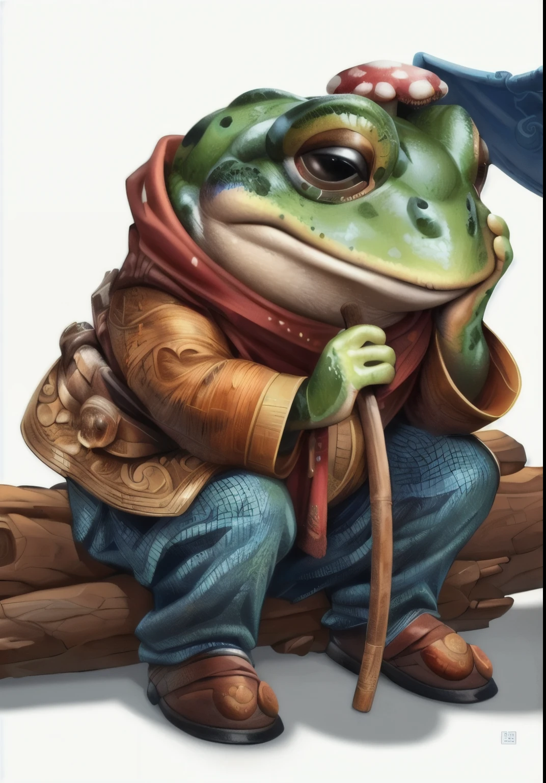 there is a frog that is sitting on a log with a cane, very detailed toad, toad philosopher the thinker, big toad, toad samurai, frog, toad, epic Full color illustrations, inspired by Ralph Horsley, Stylized digital illustration, The numbers are very detailed, Full color illustrations, portrait of a frog, toads, Jean-Baptiste Monge