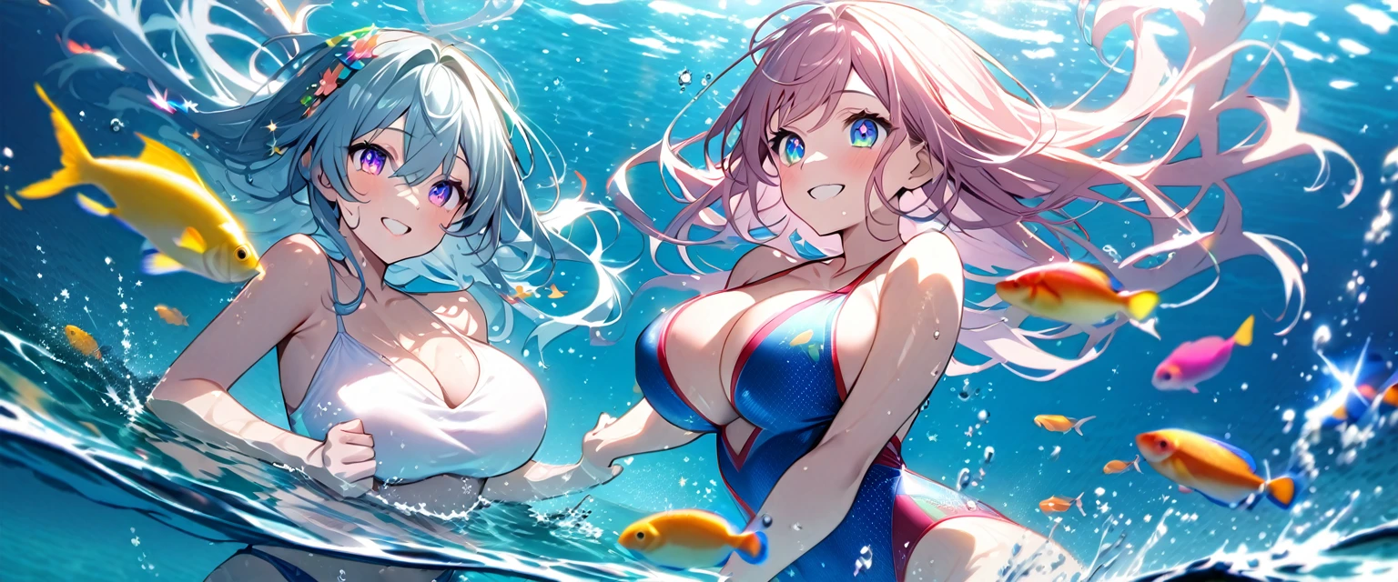 anime、Vibrant colors、In the water、Uplifting、Two beautiful women swimming in the ocean at 100km per hour、Two people facing each other、20 years old、Bright swimsuit、Bright eyes、Sparkling eyes、Large Breasts、An innocent smile、100 vibrant tropical fish、1000 glittering particles、100 butterflies swimming in the water