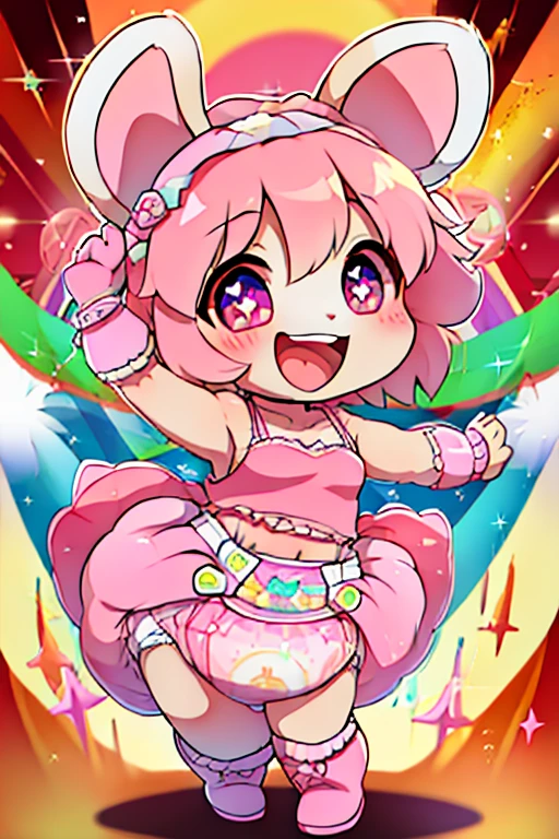 boy, rabbit, furry, bodyfur, pink camisole, diaper, pink gloves, pink boots, chibi, happy, sparkling eyes, idol, dancing, singing