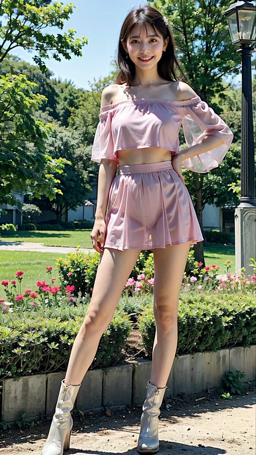 (8k、RAW Photos、highest quality、masterpiece:1.2)(Realistic、Realistic)、1 girl、((Off the shoulder、See-through、Pink bustier、Large Breastini skirt、boots、smile、Model pose、Are standing、garden、Turned to the side))