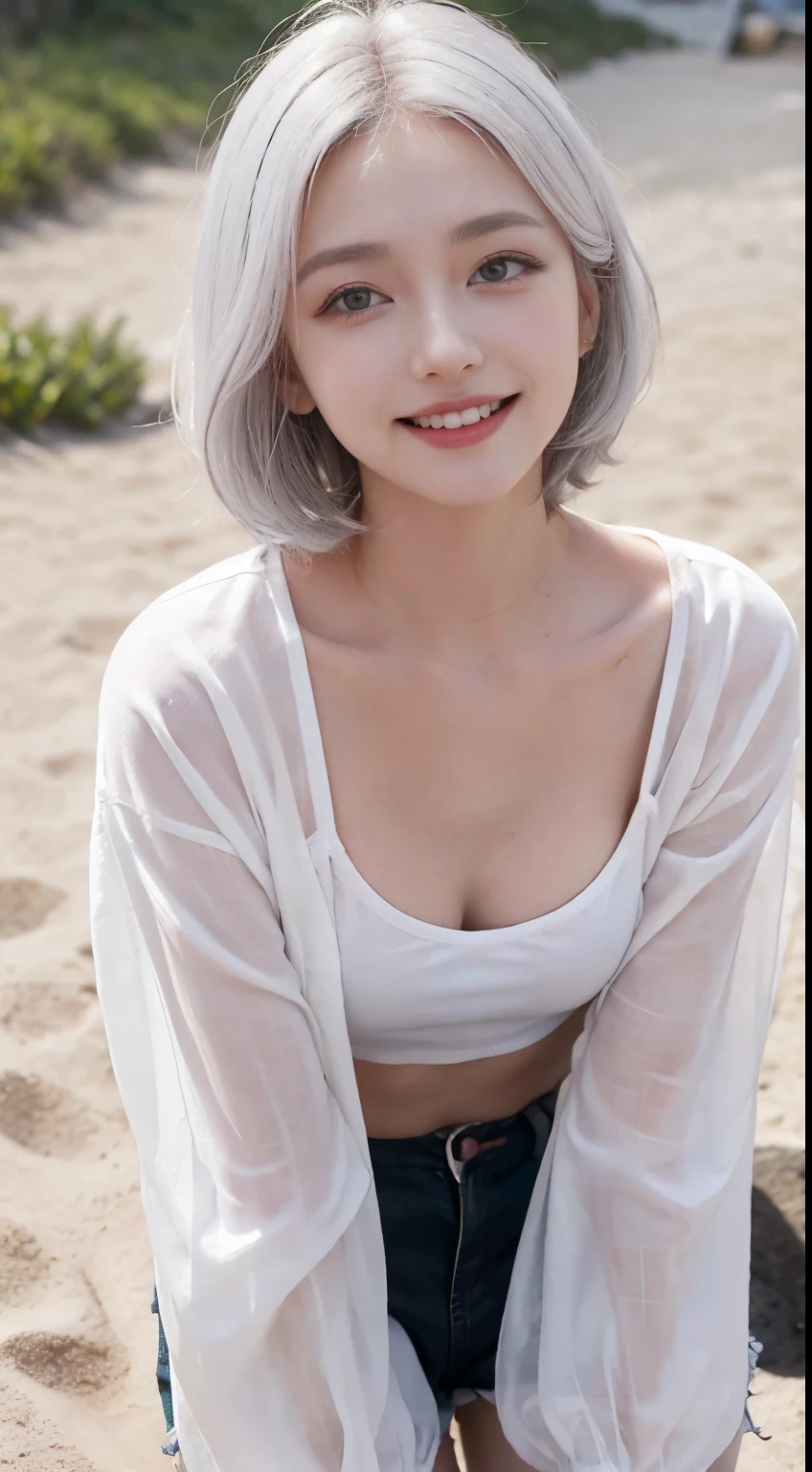 Best image quality、RAW Photos、超A high resolution、21 years old Korean、Small breasts、Dynamic Angle、Cowboy Shot、Chaos in its most beautiful form、elegant、Brutalist Design、Vibrant colors、Beautiful white hair、Short Bob、smile、fun、smile、Glowing White Skin、Beautiful eyes with random colors、Very thin lips、Beautiful eyes in every detail、length, Narrow eyes、Cheeks are pale pink、length eyelashes、Beautiful double eyelids、eye shadow、Bright white hair、Black cropped top、See-through jacket、See-through、hot pants、Sandy Beach、squat
