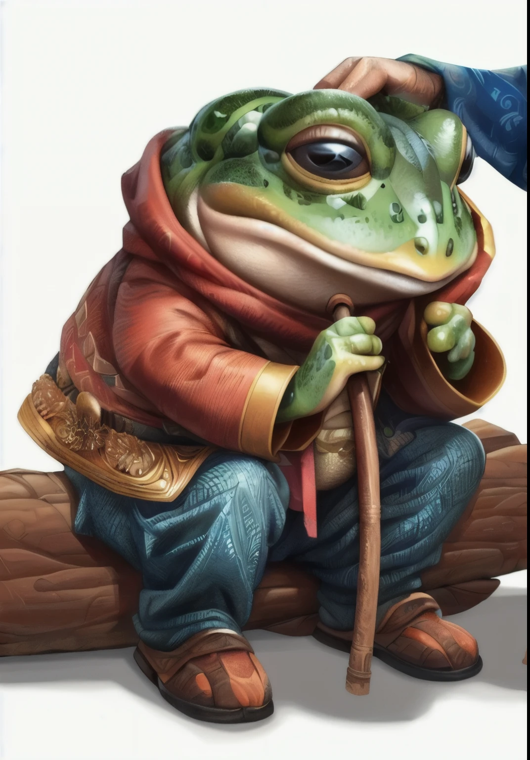there is a frog that is sitting on a log with a cane, very detailed toad, toad philosopher the thinker, big toad, toad samurai, frog, toad, epic Full color illustrations, inspired by Ralph Horsley, Stylized digital illustration, The numbers are very detailed, Full color illustrations, portrait of a frog, toads, Jean-Baptiste Monge