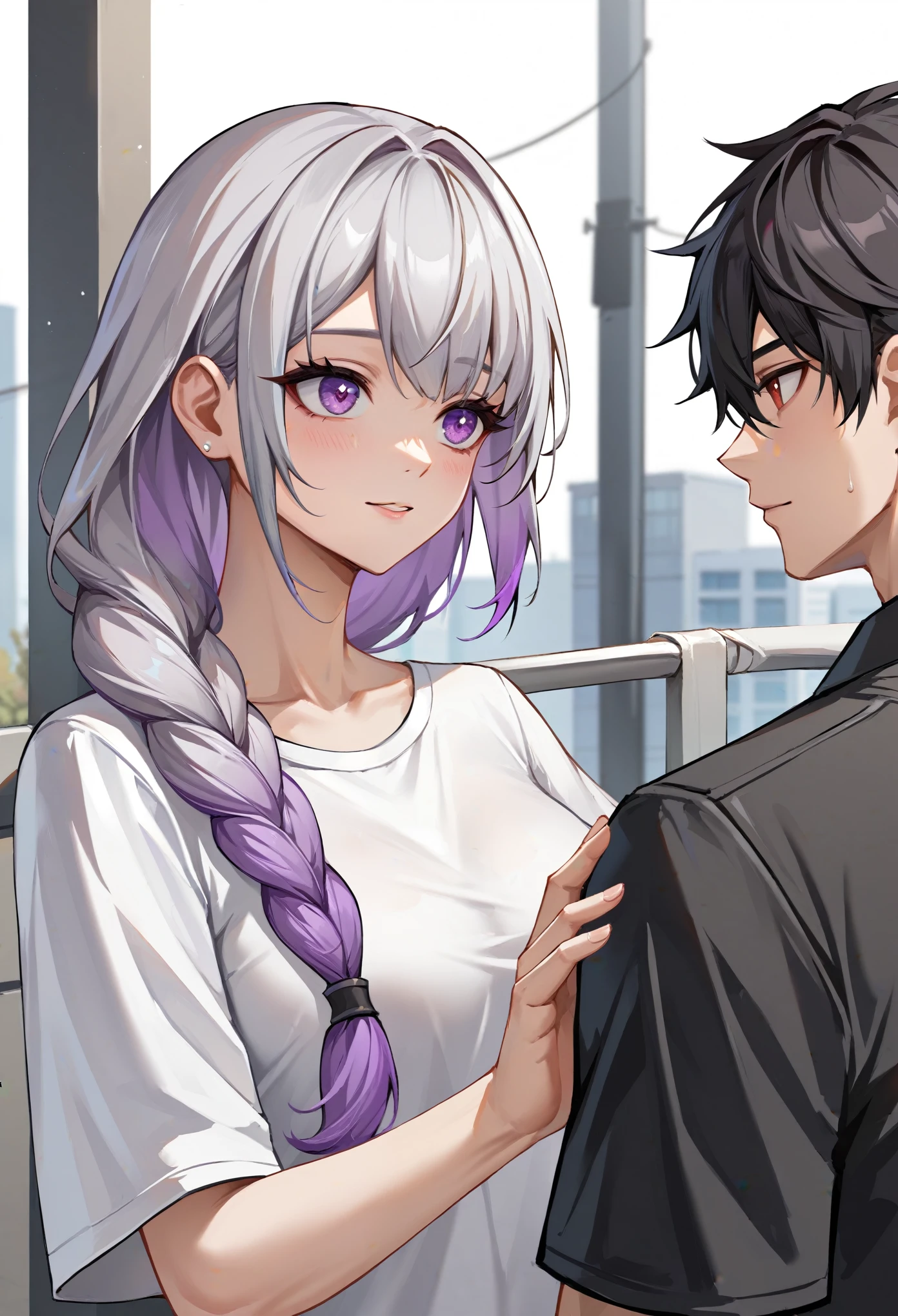 score_9,score_8_up,score_7_up,a picture of a couple,1girl and 1male,
yinji,1girl,purple_hair,purple_eyes,very_long_hair,grey_hair,braided_ponytail,gradient_hair, 1boy, short black hair, shirt,(Red pupils),upper body,cool,on the street