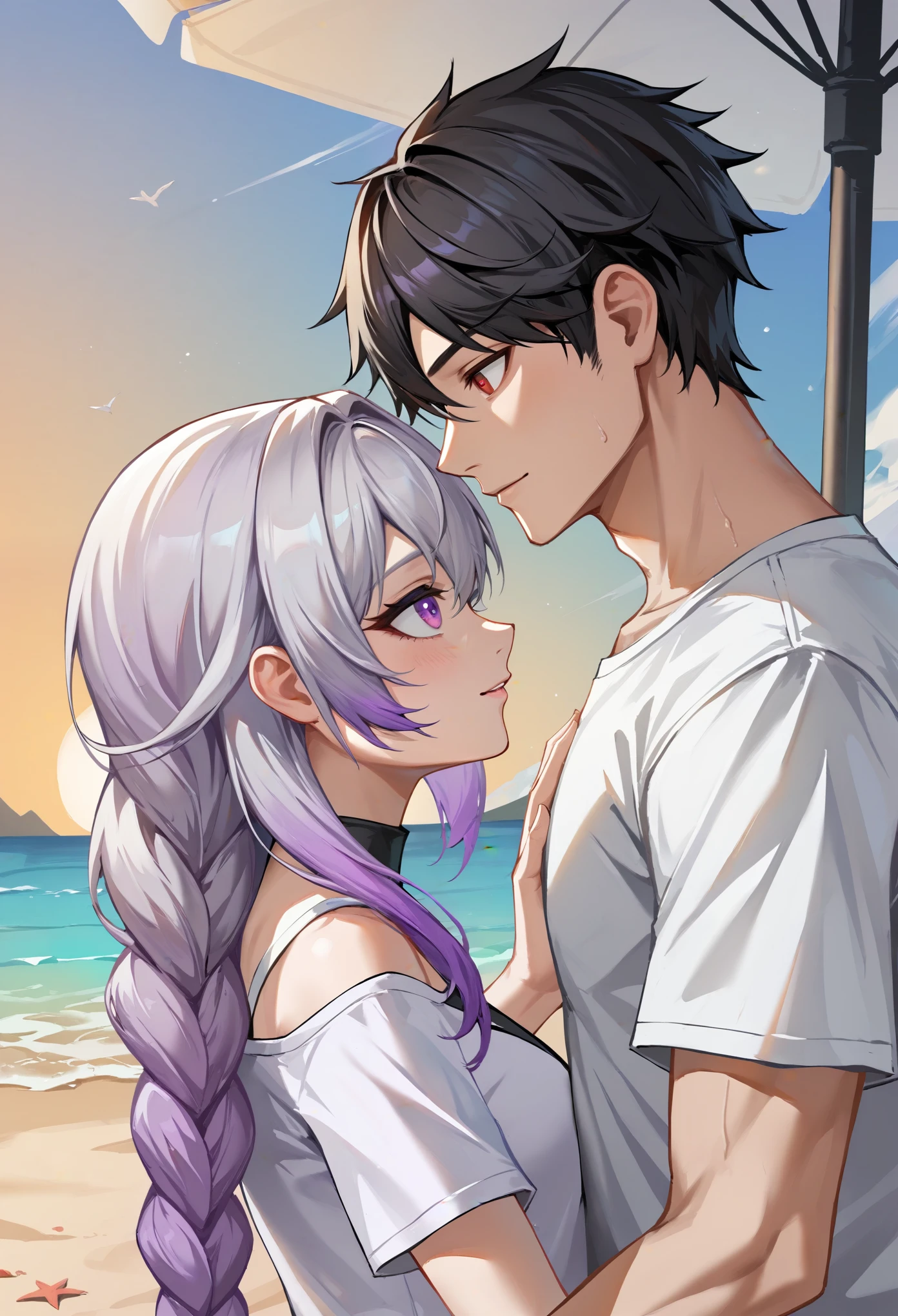 score_9,score_8_up,score_7_up,a picture of a couple,1girl and 1male,
yinji,1girl,purple_hair,purple_eyes,very_long_hair,grey_hair,braided_ponytail,gradient_hair, 1boy, short black hair, shirt,(Red pupils),upper body,cool,on the beach,sunrise