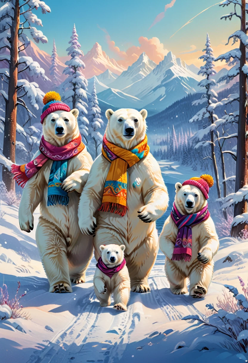 A heartwarming illustration of a family of polar bear walking through the snow, all wearing brightly colored scarves and hats, (masterpiece, best quality, Professional, perfect composition, very aesthetic, absurdres, ultra-detailed, intricate details:1.3)