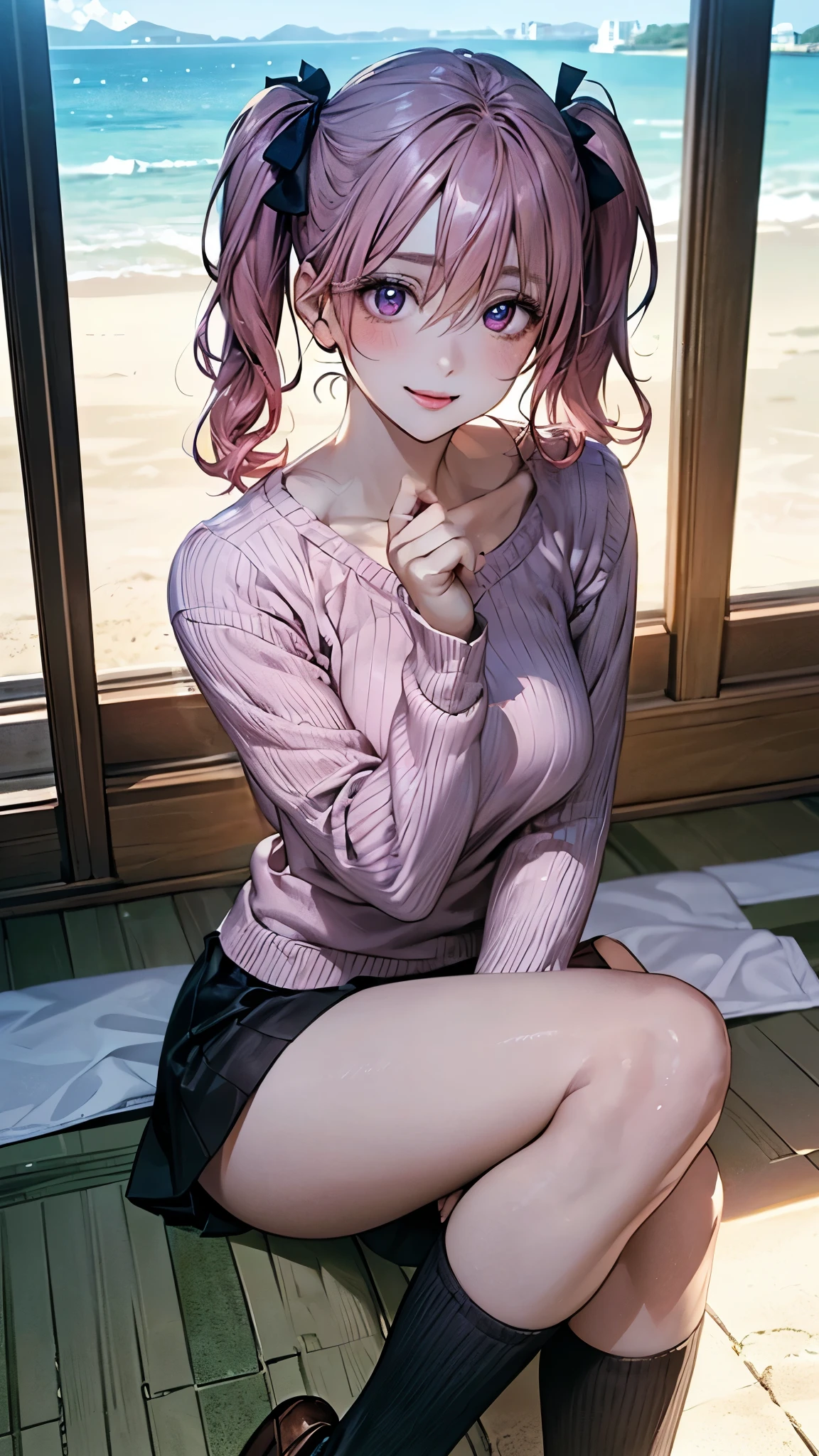 (masterpiece:1.2, top-quality), (realistic, photorealistic:1.4), beautiful illustration, (natural side lighting, movie lighting), 
looking at viewer, 1 girl, japanese, high school girl, perfect face, cute and symmetrical face, shiny skin, 
(short hair, twintails, pink hair), hair between eyes, purple eyes, big eyes, drooping eyes, glossy lip, long eyelashes, (medium breasts, seductive thighs), slender, 
beautiful hair, beautiful face, beautiful detailed eyes, beautiful clavicle, beautiful body, beautiful chest, beautiful thigh, beautiful legs, beautiful fingers, 
(detailed cloth texture, high neck pink sweater:1.2, cute black mini skirt), white knee-high socks, loafers, hair ribbon, 
(beautiful scenery), morning, (beach:1.2), sitting, raise right leg, hand on own chin, (lovely smile, upper eyes, parted lips),