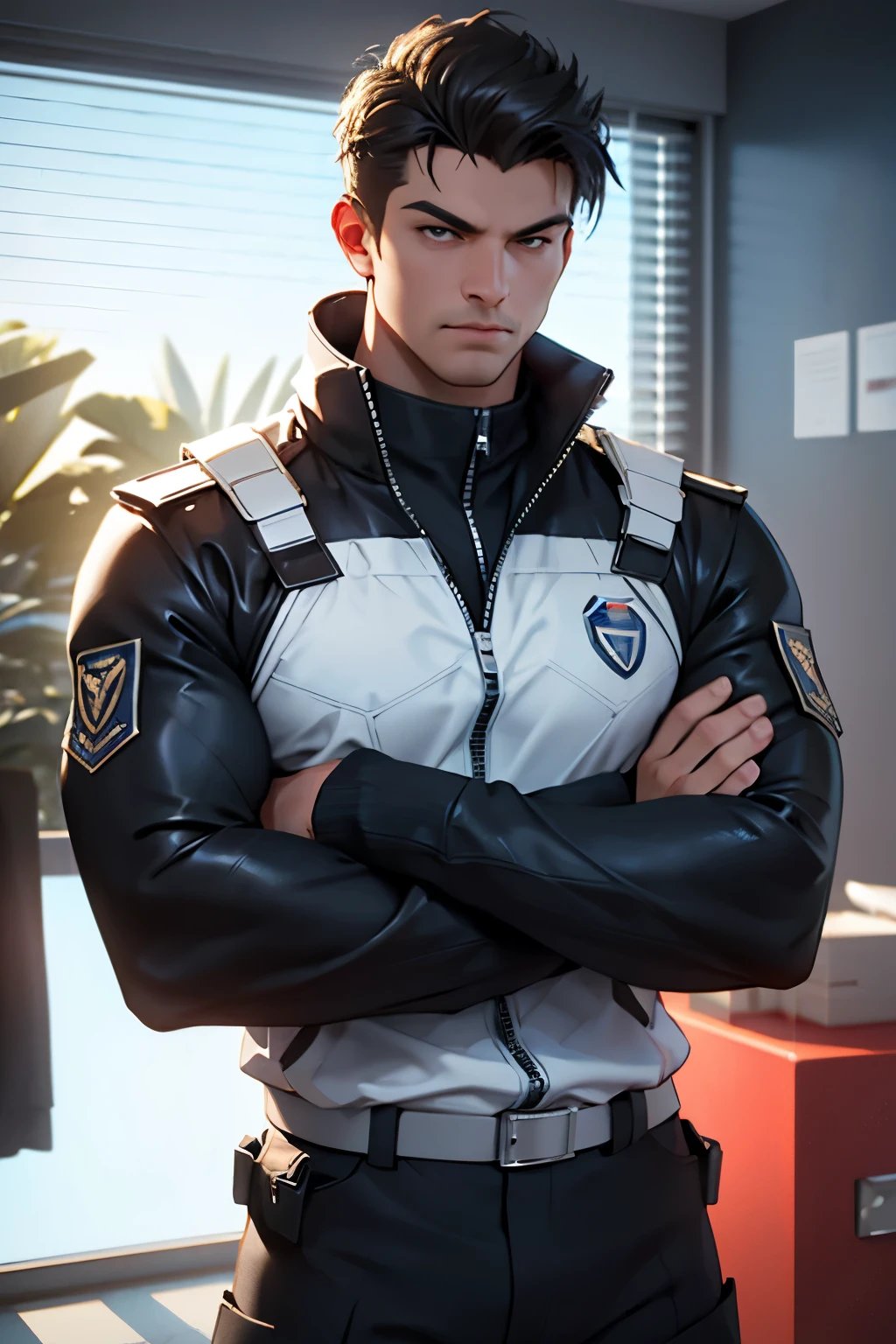 um homem, looking at the camera, frente, realista, parte superior do corpo , with arms crossed, Fundo, faixa, Desviando o olhar, agente secreto, melhor qualidade, ..3D rendering work, ..Estilo 3DMM, fechar-se, retrato, ......3d, reference: https://pixabay.com/pt/illustrations/ai-gerado-homem-agente-secreto-8236657/