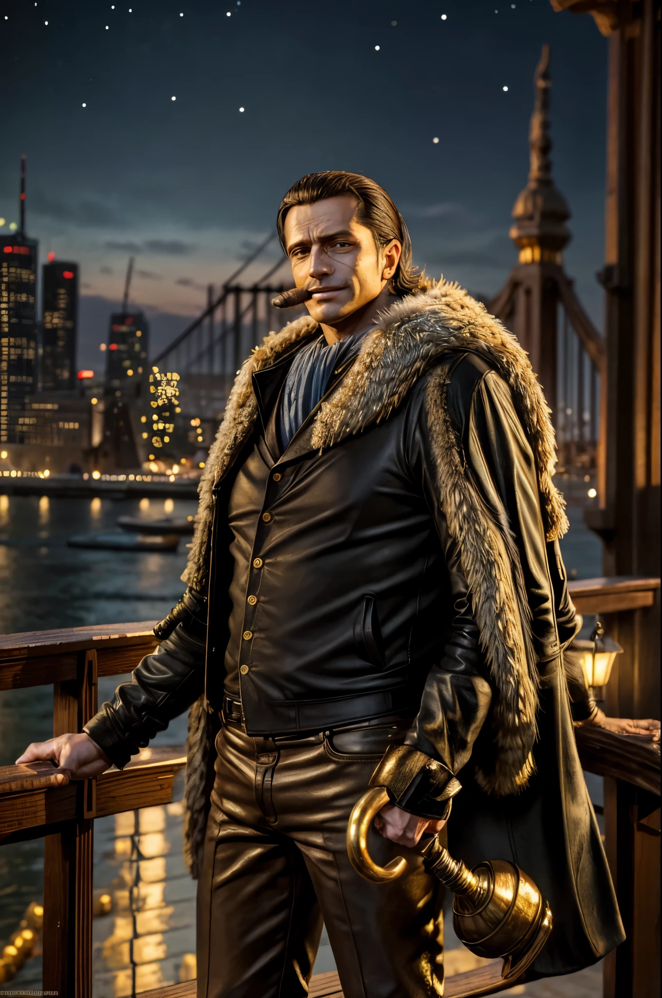 masterpiece, best quality, extremely detailed, hyperrealistic, photorealistic, a cool 40s man, ultra detailed face:1.2, fur-trimmed coat, scarf around the neck, his left hand is a golden pirate hook, cigar, in the night, city, bridge, river,, sly smile, dynamic pose
