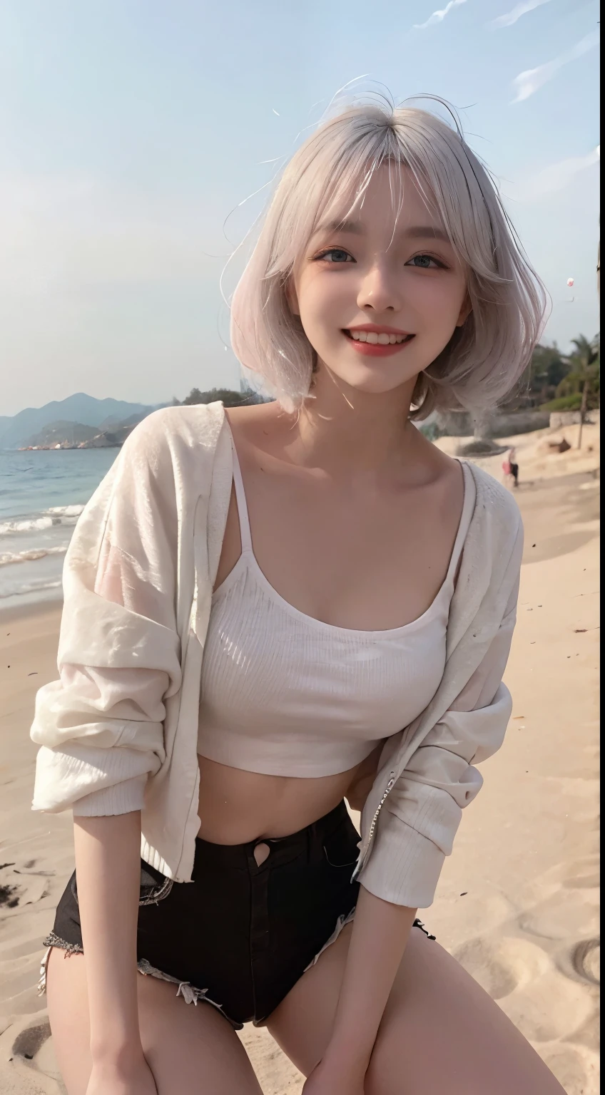 Best image quality、RAW Photos、超A high resolution、21 years old Korean、Small breasts、Dynamic Angle、Cowboy Shot、Chaos in its most beautiful form、elegant、Brutalist Design、Vibrant colors、Beautiful white hair、Short Bob、smile、fun、smile、Glowing White Skin、Beautiful eyes with random colors、Very thin lips、Beautiful eyes in every detail、length, Narrow eyes、Cheeks are pale pink、length eyelashes、Beautiful double eyelids、eye shadow、Bright white hair、Black cropped top、See-through jacket、See-through、hot pants、Sandy Beach、squat